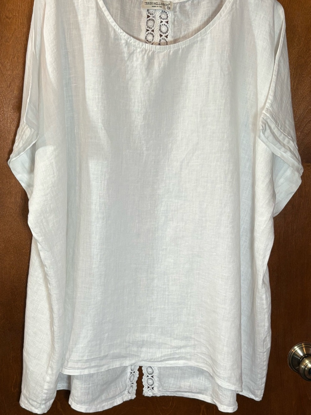 Relaxed White Linen Tunic with Crochet Back Detail